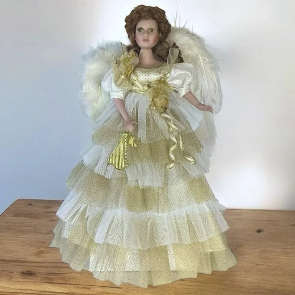 Vintage Porcelain Angel Doll 19” Brunette with Stand Gold White Lace Gown 1989